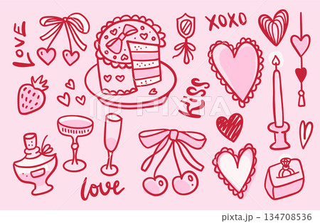 Whimsy Happy Valentine's Day doodle set. Heart shaped cherries, cakes, trendy vintage bows, candle, glasses. Hand drawn line art vector illustration. Rough freehand drawing. 134708536
