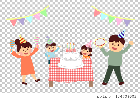 A family celebrating with a whole cake 134708683