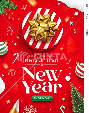 Merry christmas and New year gift box gold ribbon present, poster flyer design 134708836