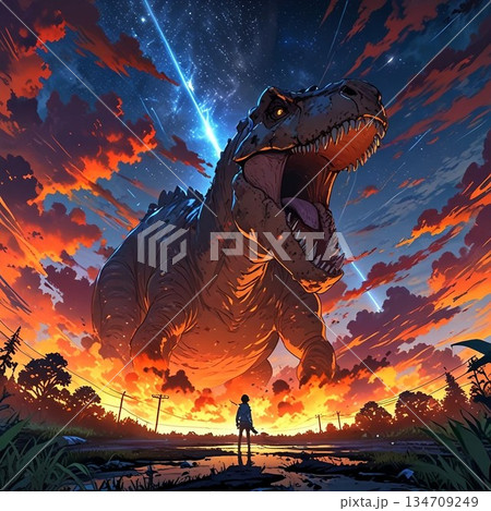 恐竜と少女と夕日 恐竜と少女と夕日 134709249