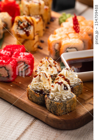 Large assorted sushi rolls platter set 134709488