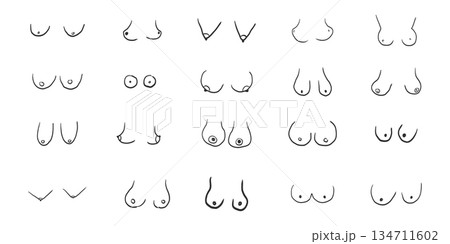 Breast body positive woman doodle, body shape natural. Simple kinds of woman breast. Hand drawn design. Breast body positive woman doodle, body shape natural. Simple kinds of woman breast. Hand drawn design. 134711602