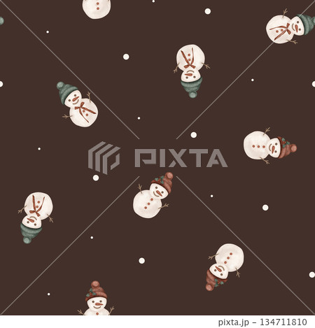 Seamless pattern with illustration snowman in the green and red hat. Hand drawing sketch on white isolated background. Repeat ornament with Snowman with red buttons for Christmas or New years design. 134711810