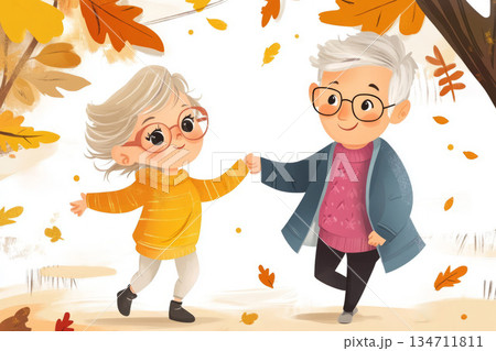 Gray-haired grandparents walk in the park under the autumn leaves. Gray-haired grandparents walk in the park under the autumn leaves. 134711811
