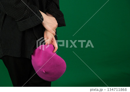 Photo of overjoyed glad petty lady inside pink paper hole open arm glad inviting welcome see you here isolated on beige color background Photo of overjoyed glad petty lady inside pink paper hole open arm glad inviting welcome see you here isolated on beige color background 134711868