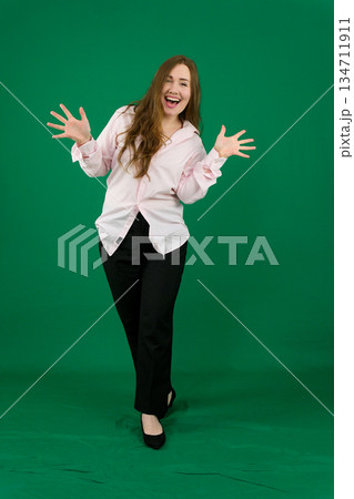 Cheerful happy woman, portrait of young caucasian 20s brunette cheerful happy woman blushing from happiness and joy, lean head on hands looking camera joyful isolated over background. 134711911