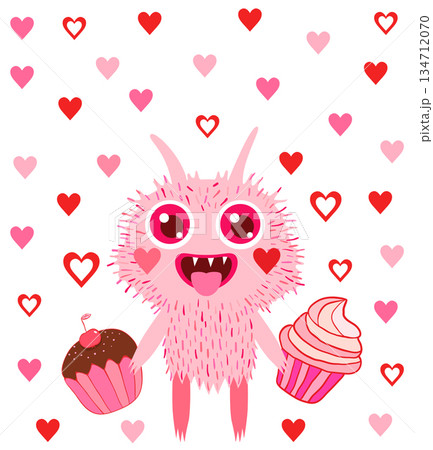 Crazy silly pink vector Valentine's Day monster with horns, open mouth, teeth and tongue, holding cakes Crazy silly pink vector Valentine's Day monster with horns, open mouth, teeth and tongue, holding cakes 134712070