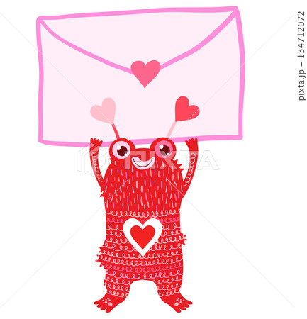 Cute funny red vector monster holding an envelope with a heart, silly animal illustration Cute funny red vector monster holding an envelope with a heart, silly animal illustration 134712072