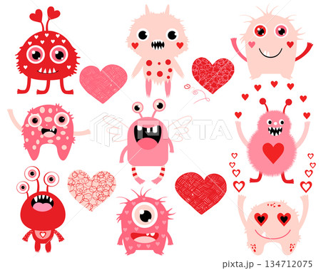 Vector love set of cute Valentines Day monster creatures and hearts in pink and red colors for greeting cards and invitations 134712075