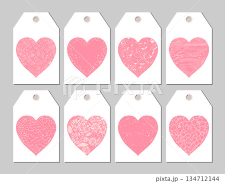 Vector love theme set of gift tags with pink hearts with hand drawn designs for Valentine's day, birthday presents Vector love theme set of gift tags with pink hearts with hand drawn designs for Valentine's day, birthday presents 134712144