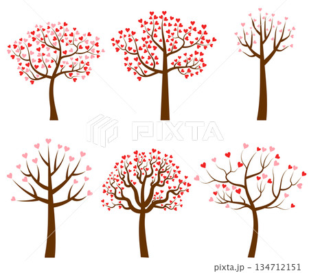 Set of vector tree illustration with red and pink heart shaped leaves for Valentines's day and wedding designs Set of vector tree illustration with red and pink heart shaped leaves for Valentines's day and wedding designs 134712151