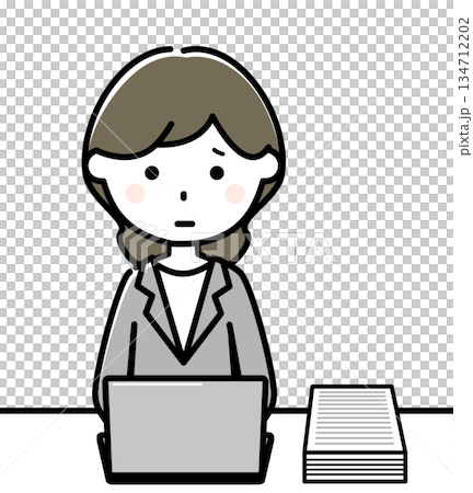 一位身穿西裝的女士正在操作電腦，她感到不知所措。 134712202