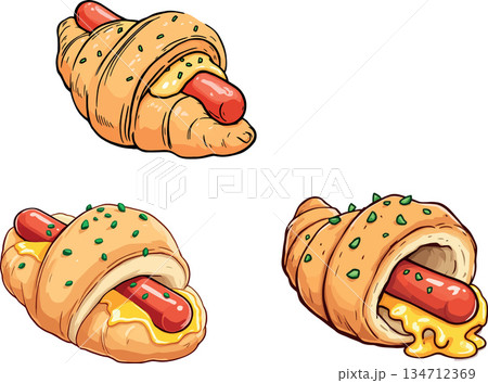 Vsai pigs in a blanket with cheese and toppings illustration Vsai pigs in a blanket with cheese and toppings illustration 134712369