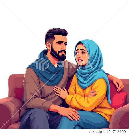Vsai muslim man comforting crying woman with hijab Vsai muslim man comforting crying woman with hijab 134712400