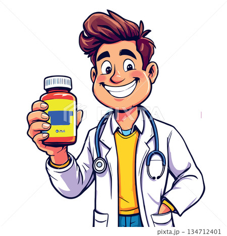 Vsai smiling doctor character holding medication bottle for healthcare Vsai smiling doctor character holding medication bottle for healthcare 134712401