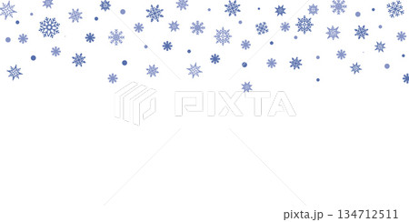 Winter border with blue snowflakes gently falling against a white background, creating a serene and festive winter holiday concept Winter border with blue snowflakes gently falling against a white background, creating a serene and festive winter holiday concept 134712511
