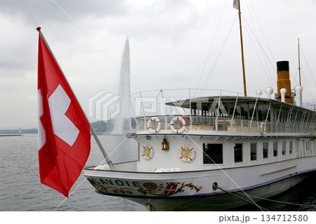 Swiss pleasure boat on the docks of Lake Geneva Swiss pleasure boat on the docks of Lake Geneva 134712580