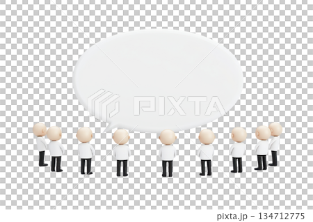 A group of stylized figures gathered together, with one figure positioned to speak or convey a message within a speech bubble. 134712775