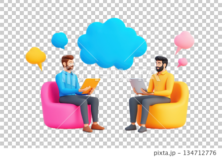 Two men engaging in a conversation while seated on colorful chairs, each using a laptop, with speech bubbles above them. 134712776