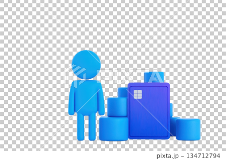 A blue figure stands beside a stack of blue cylinders and a rectangular blue object. A blue figure stands beside a stack of blue cylinders and a rectangular blue object. 134712794