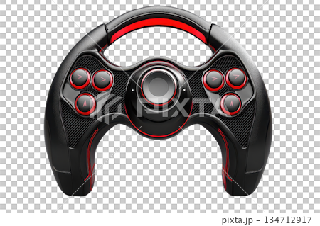 Close-up of a black and red gaming steering wheel controller, featuring multiple buttons, isolated on a transparent background. 134712917