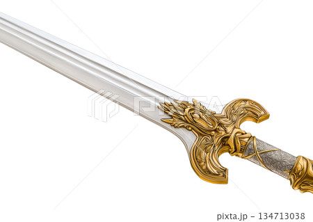 Elegant sword with a detailed golden hilt, representing medieval craftsmanship and historical weaponry. Perfect for fantasy or history themes. 134713038