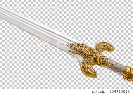 Elegant sword with a detailed golden hilt, representing medieval craftsmanship and historical weaponry. Perfect for fantasy or history themes. 134713038