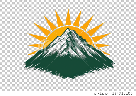 Illustration of a mountain silhouette with a vibrant sunburst background, symbolizing nature, adventure, and inspiration. 134713100