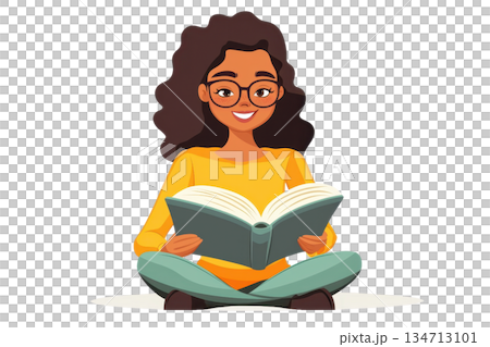 Illustration of a smiling woman sitting cross-legged while reading a book. Casual and relaxed scene focused on learning and enjoyment. 134713101