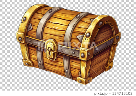 Illustration of a wooden treasure chest with metal accents, showcasing a vintage design. Perfect for fantasy, adventure, or pirate themes. 134713102