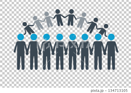 Illustration of diverse community unity, with human figures holding hands, symbolizing teamwork, cooperation, and togetherness. 134713105