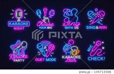 Colorful neon set of karaoke icons with catchy lettering and singing symbols, ideal for digital promo or nightlife ads. Colorful neon set of karaoke icons with catchy lettering and singing symbols, ideal for digital promo or nightlife ads. 134713506
