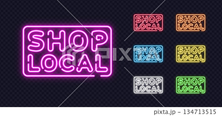 Shop Local neon lettering in glowing purple style, perfect for announcements, recruitment or event invitations. 134713515