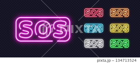 Set of bright SOS neon signs in various colors, great for emergency themes, alerts, or rescue-related visuals. 134713524