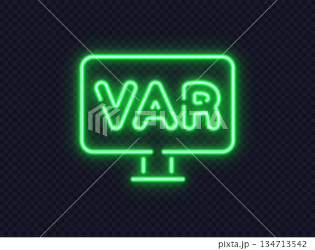 Neon icon of a VAR screen glowing in green on a dark background. Symbolic display for football video assistant review. 134713542