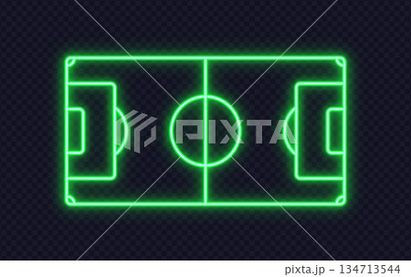 Glowing neon football pitch outline in green color. Perfect element for sports apps, analytics or fan content. 134713544