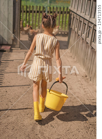 A girl in yellow rubber boots carries a bucket of water to water the domestic chickens. Poultry farming on a ranch A girl in yellow rubber boots carries a bucket of water to water the domestic chickens. Poultry farming on a ranch 134713555