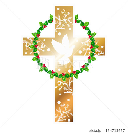 Gold Christian cross with a dove of peace and a wreath of Christmas holly Gold Christian cross with a dove of peace and a wreath of Christmas holly 134713657