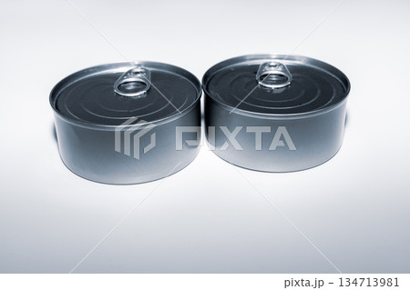 Two cans of fish on white background. 134713981
