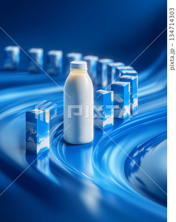 Creative vision of fresh milk surrounded by charming cartons on a blue backdrop Creative vision of fresh milk surrounded by charming cartons on a blue backdrop 134714303