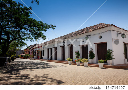 Beautiful colonial streets of the Heritage Town of Santa Cruz de Mompox in Colombia. 134714497