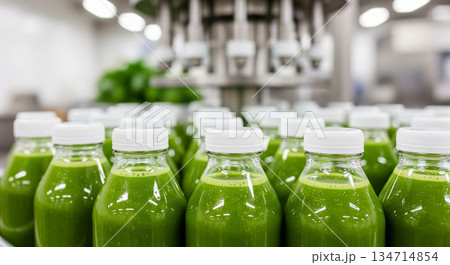 Camera tracks slowly along a line of green smoothie bottles in a production area. Bottles are filled and ready for distribution. Natural light shines on the scene. 134714854