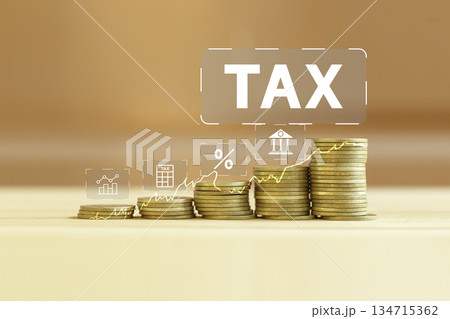 Tax Concept with Stacked Coins and Percentage Signs Representing Financial Growth, illustrating taxation, financial growth, investment returns, and economic planning concepts. 134715362