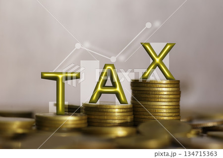 Tax Concept with Gold Coins and Financial Growth Graph, Golden TAX letters stacked on piles of coins and line graph background for illustrating accounting, investment, or financial planning. 134715363