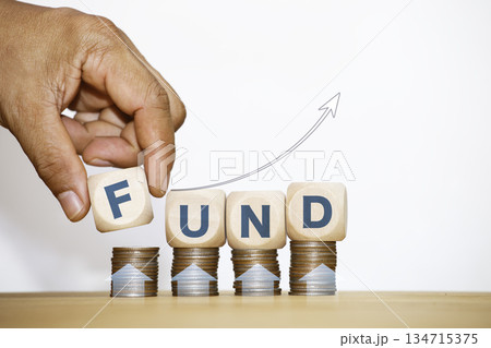 Fund, Save money, dividend and Interest rate concept. fund symbol in wood on gold coins instead Return on Stocks, Funds long-term investment. income return retirement fund at stock market. 134715375