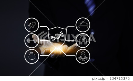 Longevity wellness concept showing a hand supporting glowing health icons including DNA, fitness, nutrition, sleep, meditation and elderly care. Ideal for healthcare, biotechnology, and wellness. Longevity wellness concept showing a hand supporting glowing health icons including DNA, fitness, nutrition, sleep, meditation and elderly care. Ideal for healthcare, biotechnology, and wellness. 134715376