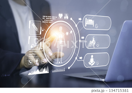 Longevity and Body Scan, Futuristic digital health concept, person interacting with a virtual body scan interface. Represents longevity, medical innovation, healthcare technology, AI diagnostics, 134715381