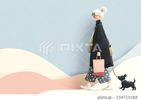 犬の散歩を楽しむおしゃれなシニア女性のライフスタイルイラスト 134715389