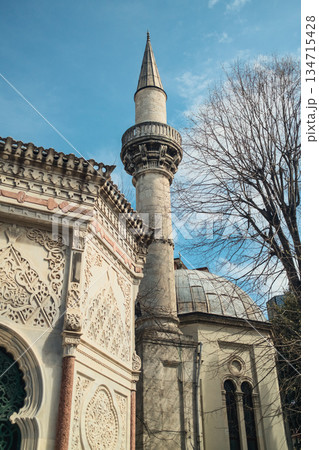 Elegant Minaret Tower Highlighting Islamic Patterns in Morning Light Elegant Minaret Tower Highlighting Islamic Patterns in Morning Light 134715428