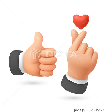 Vector 3d Like and Love Hands. Like and Love Hands. Thumbs Up and Finger Heart Gesture with Red Heart Icon. Social Media Reaction Symbol, Isolated 134715473